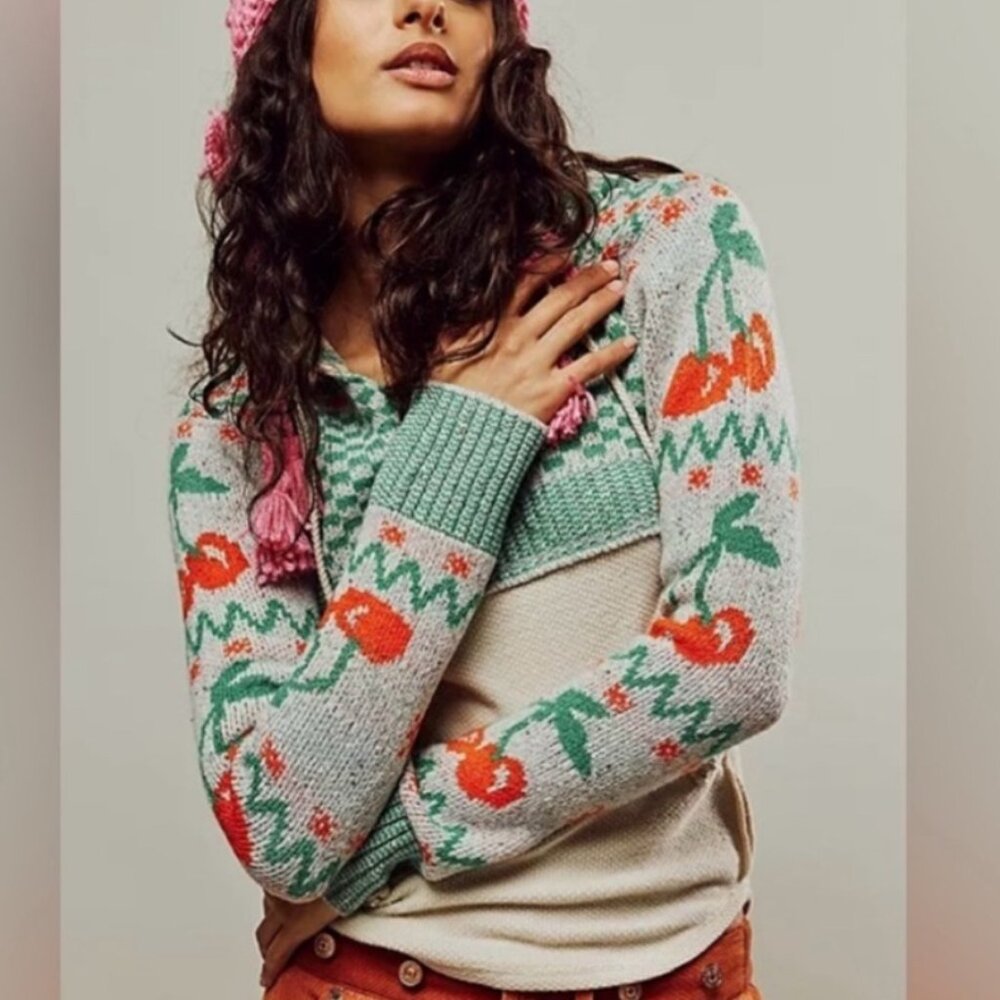 Free People Mint Green Cherry Intarsia Zip Hoodie